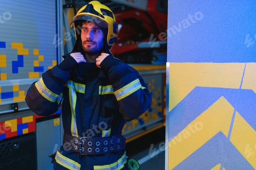 Preview: fireman in protective uniform standing near fire engine on station