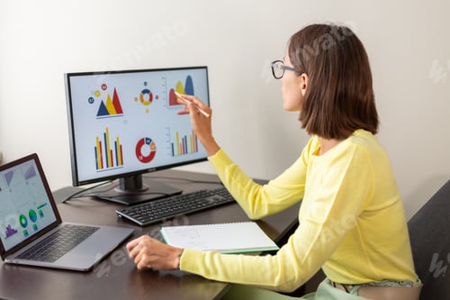 Preview: Caucasian advisor financial business analytics woman with data dashboard graphs
