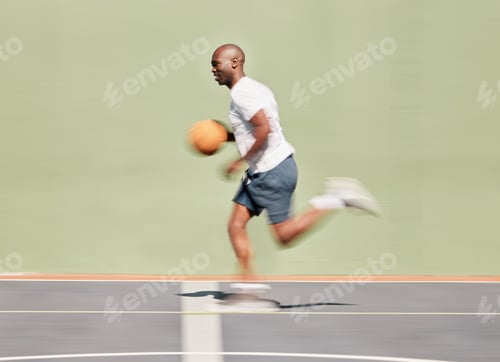 Preview: Fitness, sports and black man running on basketball court in training workout or cardio exercise wi