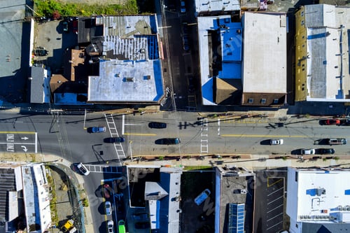 Preview: View from an aerial perspective of a small American town with cars