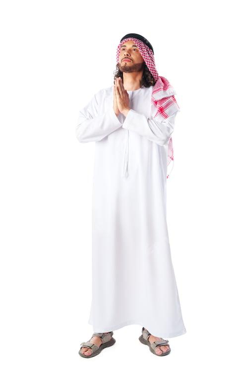 Preview: Full-length portrait of young middle-east man in thobe dress on white background