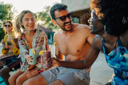 Preview: Friends enjoying drinks by the poolside, summer vacation fun
