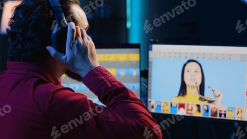 Preview: Photographer using headphones to listen favorite songs while using retouching software