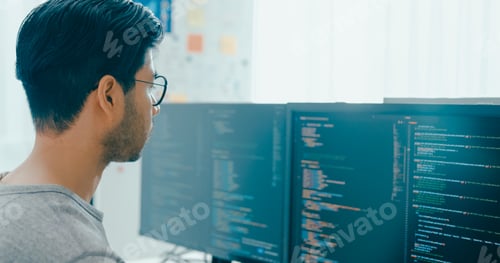 Preview: Closeup young adult Asia male freelance eyeglasses typing write prompt AI bot IT app program nomad.