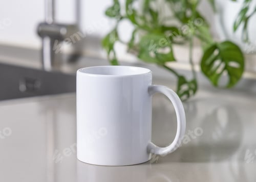 Preview: White coffee mug on grey kitchen table against kitchen interior with sink, closeup, mockup