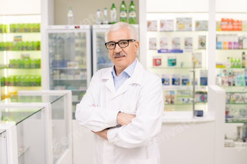 Preview: Aged successful owner of large contemporary drugstore crossing his arms by chest