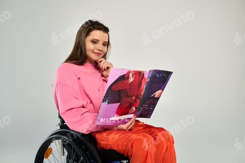 Preview: Brunette woman in wheelchair reading a magazine