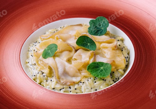 Preview: white fish fillet served with steamed rice in a beautiful red bowl