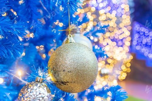 Preview: Golden Christmas Ornament sparkling blurred background. Golden glitter shiny illuminated