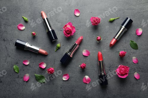 Preview: Flat lay composition with lipsticks and roses on grey background