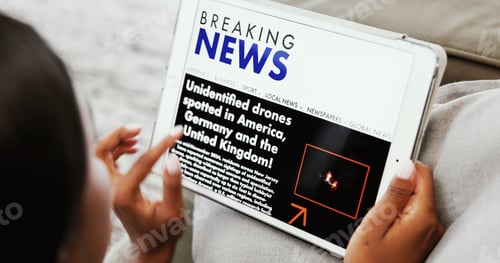 Preview: Woman, hands and browsing with tablet screen for breaking news, research or global information at h