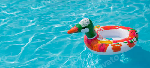 Preview: Duck, inflatable circles. Rubber swimming ring on water. Banner