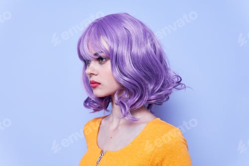 Preview: Fashionable girl purple hair holidays blue background