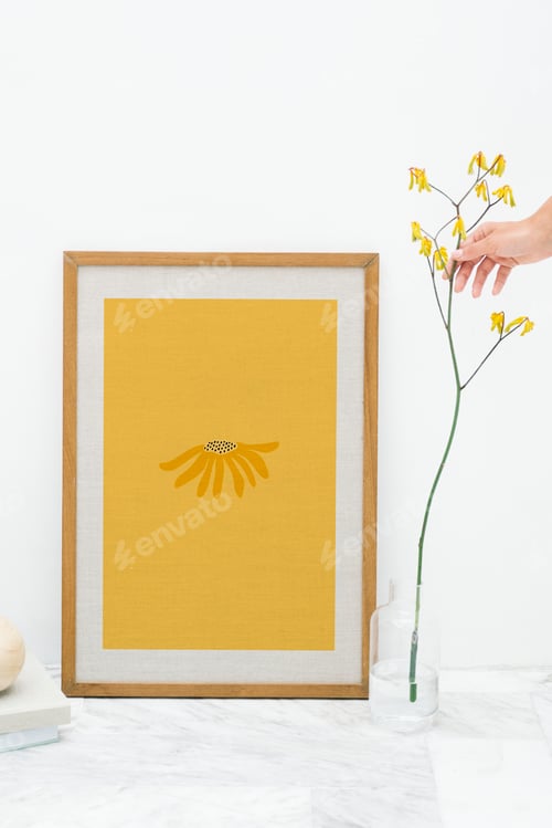 Preview: Photo frame mockup by a yellow forsythia