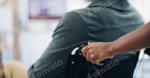 Preview: Home, hands and patient with wheelchair, caregiver and wellness with help, nurse and professional.