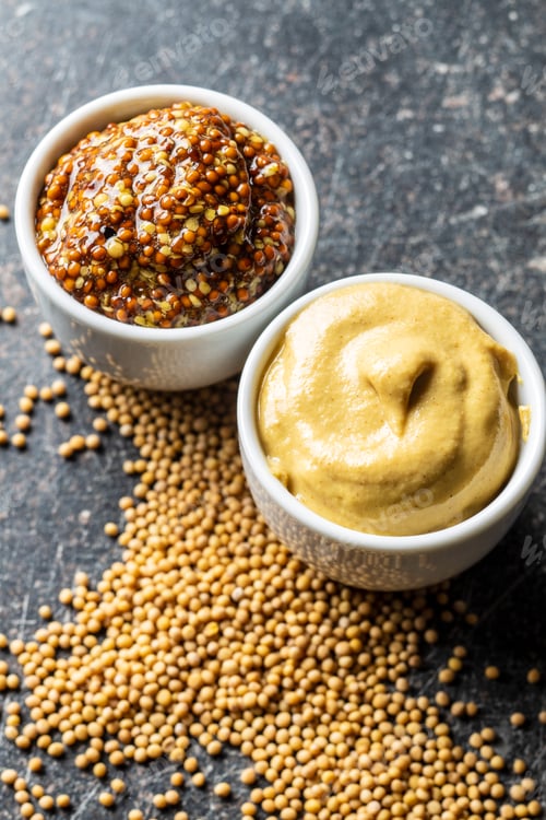 Preview: Yellow mustard and whole grain mustard.