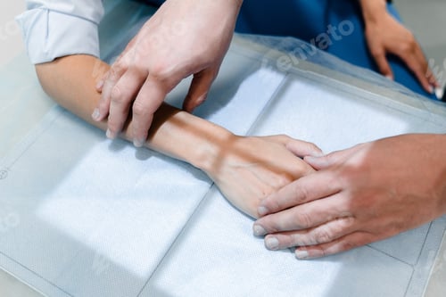 Preview: Close up shot of a male doctor places the hand of a female patient to take an x-ray scan
