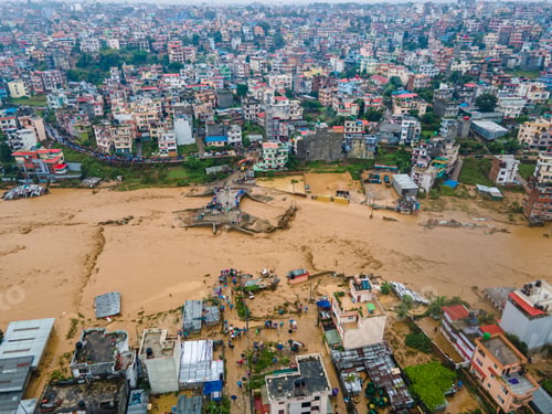Preview: Drone view of the Nakhu River flooded in Lalitpur, Nepal.