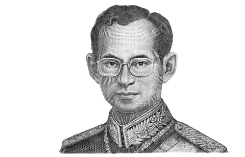 Preview: Portrait of King Bhumibol Adulyadej from 50 Baht Thailand money bill close up isolated on white