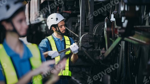 Preview: Industrial engineers inspect and perform maintenance on the machines at factory machines.