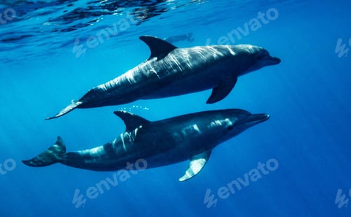Preview: Dolphins underwater in blue ocean with light