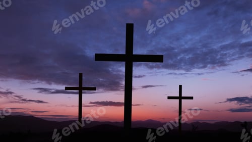 Preview: Three silhouette crosses with amazing purple sunset. Lord God, creative. Deity, concept