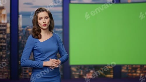 Preview: Elegant breaking news reporter showing information green screen studio close up.
