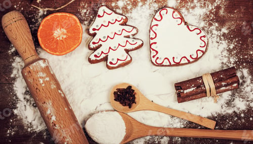 Preview: Gingerbread cookies, spices and flour over wooden background