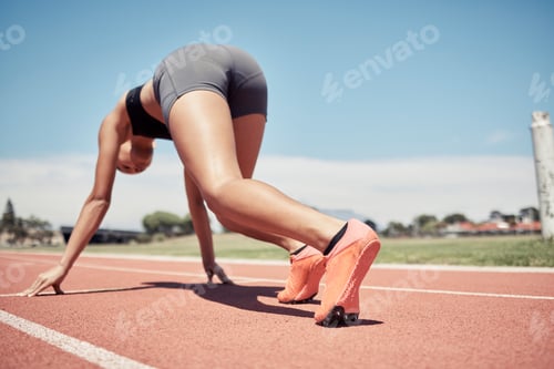 Preview: Runner, start and race track, woman and sport with fitness outdoor and training for marathon or rel