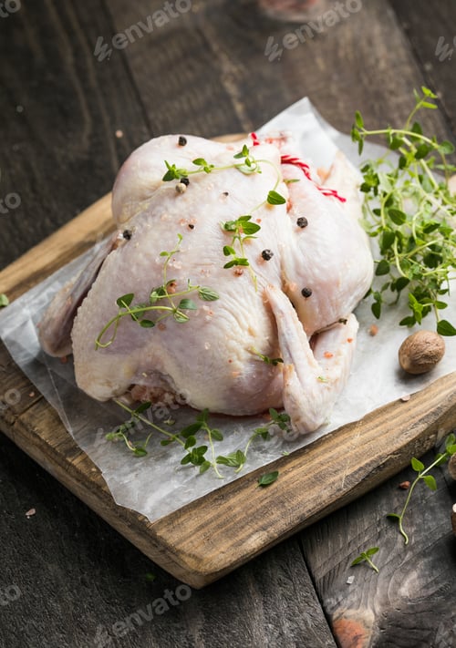 Preview: organic raw whole chicken with thyme peppers and garlic on a rustic table