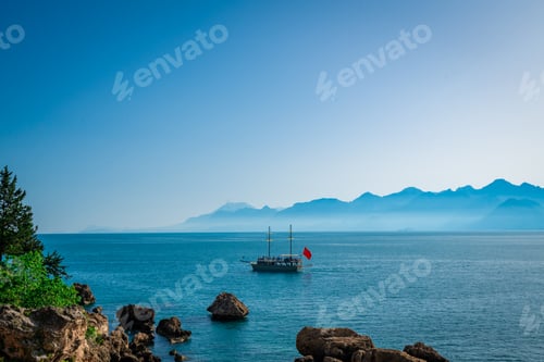 Preview: Antalya, Turkey. Sailing Ship For Sea Tours. Mediterranean landscape