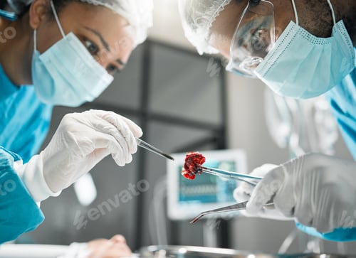 Preview: Healthcare, tools and doctors in surgery with anatomy, equipment and teamwork support in hospital.