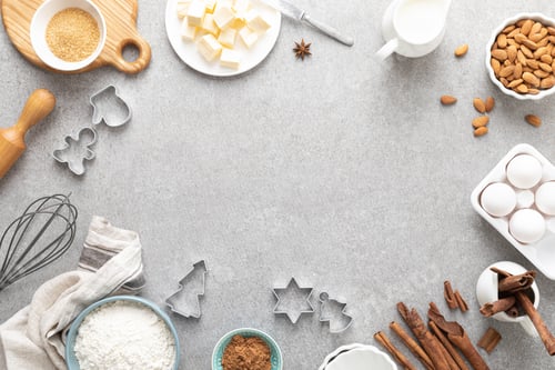 Preview: Christmas culinary background with baking ingredients, copy space for text, top down view