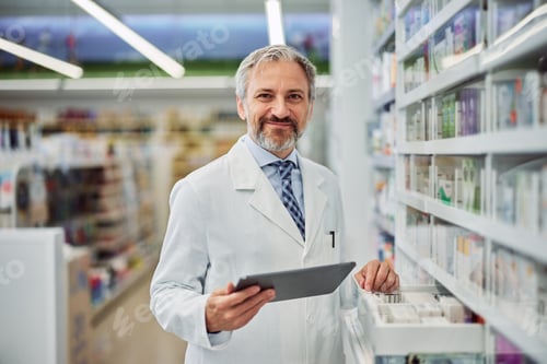 Preview: Portrait of a grey-bearded smiling male pharmacy employee with a tablet.