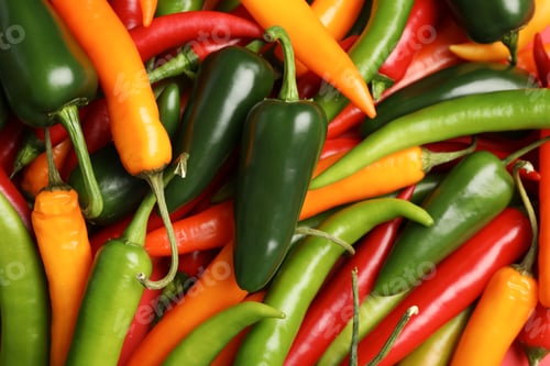 Preview: Different ripe chili peppers as background, top view