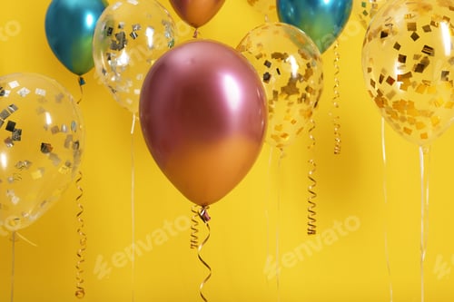 Preview: Bright balloons with ribbons on color background