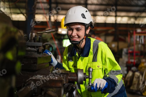 Preview: Portrait of female automation engineer standing in modern industrial factory.