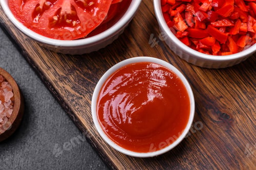 Preview: Ingredients for making shakshuka, dishes with fried eggs with tomato sauce, spices and herbs