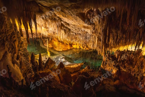 Preview: Stalactites reflecting in underground lake of drach caves, mallorca