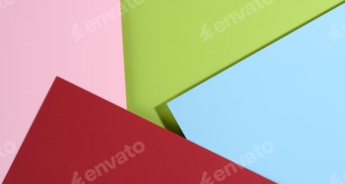Preview: Modern bright background with blue and pink, red and green sheets of paper with shadow.