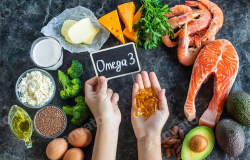Preview: Products contain Omega 3. Selective focus.