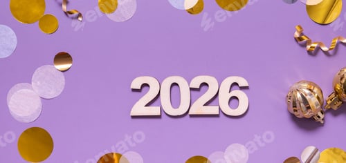 Visualização: Decorações brilhantes e confetes com número de madeira Ano Novo 2026