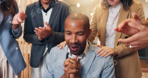 Preview: Excited businessman, surprise or applause in promotion, announcement or office negotiation success.