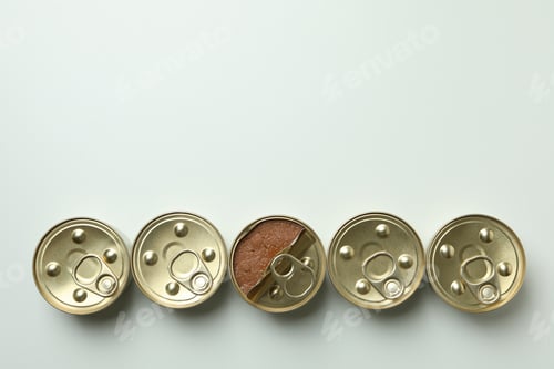 Preview: Canned food for pets on white background, top view