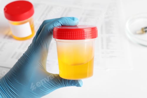Preview: Nurse holding container with urine sample for analysis at table, closeup