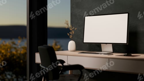 Preview: White screen computer on wooden table with armchair aside window and dark wall in a dim lit room.