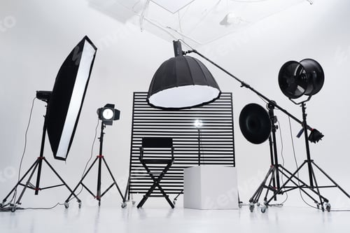 Preview: Modern photo studio with professional equipment. White cyclorama.