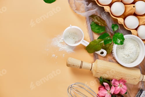 Preview: Bakery or cooking frame, ingredients, kitchen items for pastry