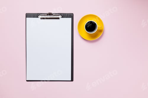 Preview: business board and cup of coffee