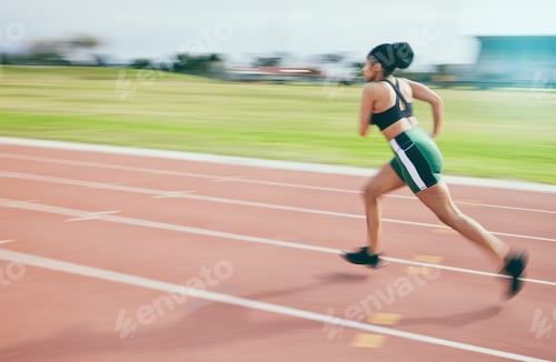Preview: Black woman, running and athletics for sports training, cross fit or exercise on stadium track in t